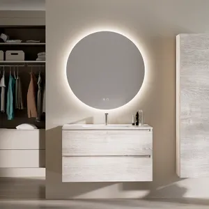 Feel Your Bath, Mueble de Baño Serie PANTER Blanco Caliza 100 cm con Encimera Integrada y Espejo Redondo LED 100 cm, 2 Cajones