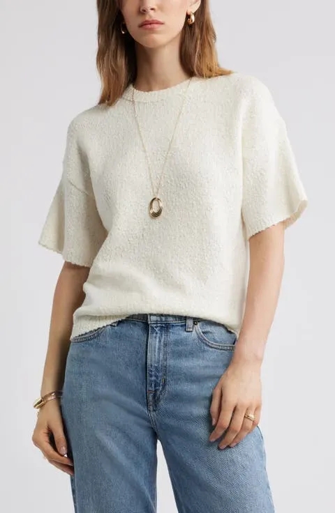 Nordstrom Short Sleeve Stretch Wool Blend Bouclé Sweater