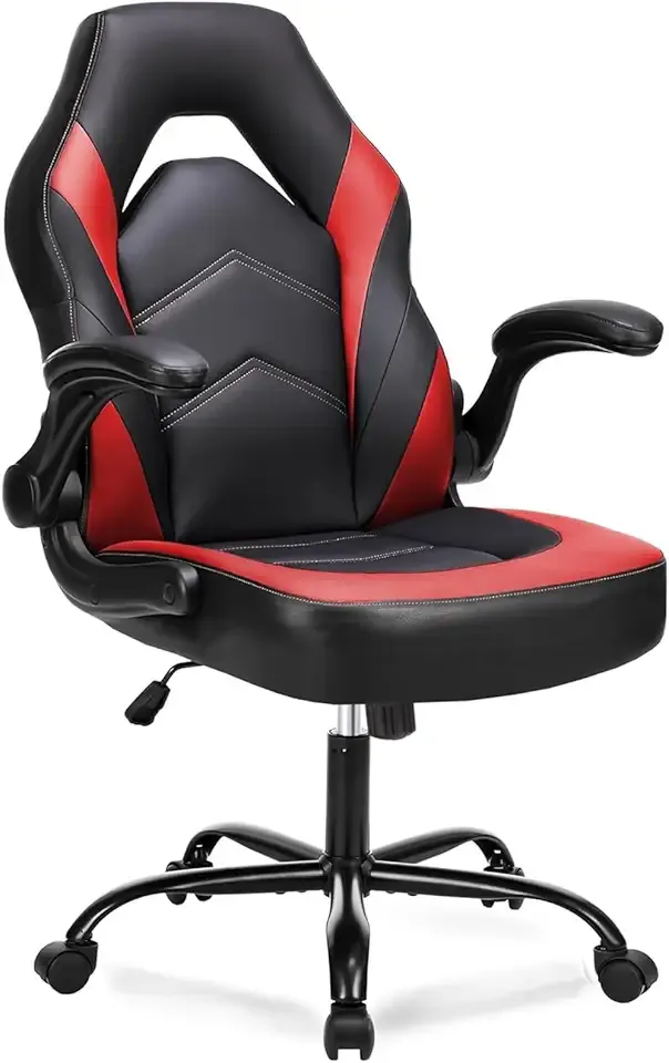 DUMOS Ergonomic Computer Gaming Chair with Flip-up Armrest, Height Adjustable PU Leather Home Office Desk Chair with Lumbar Support Swivel Wheels and for Adults and Kids, Scarlet Red
