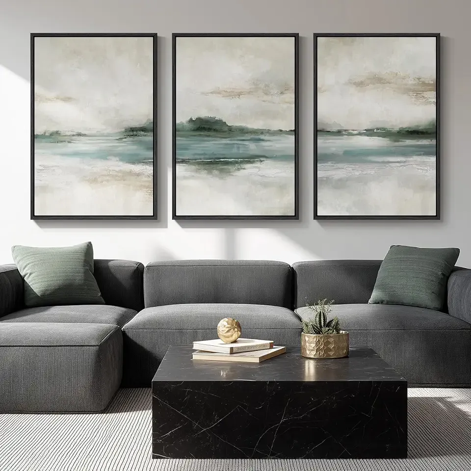 Large Framed Abstract Nature Landscape Wall Art for Living Room, Set of 3 Modern Canvas Prints Paintings Artwork for Walls, Green Lake Pictures for Hallway, Dining Room, Office Wall Decor 24x36 Inch