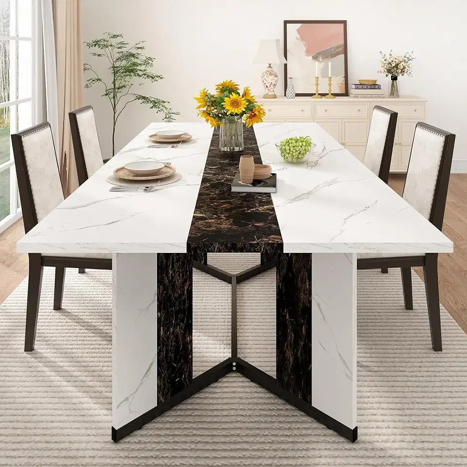 71 inch Dining Table for 4 5 6 | Modern White&Black Rectangular Kitchen Table W/Waterproof Wood Tabletop,Farmhouse Long Dining Room Tables W/Adjustable Legs&Wood Strip Base for Kitchen Living Room