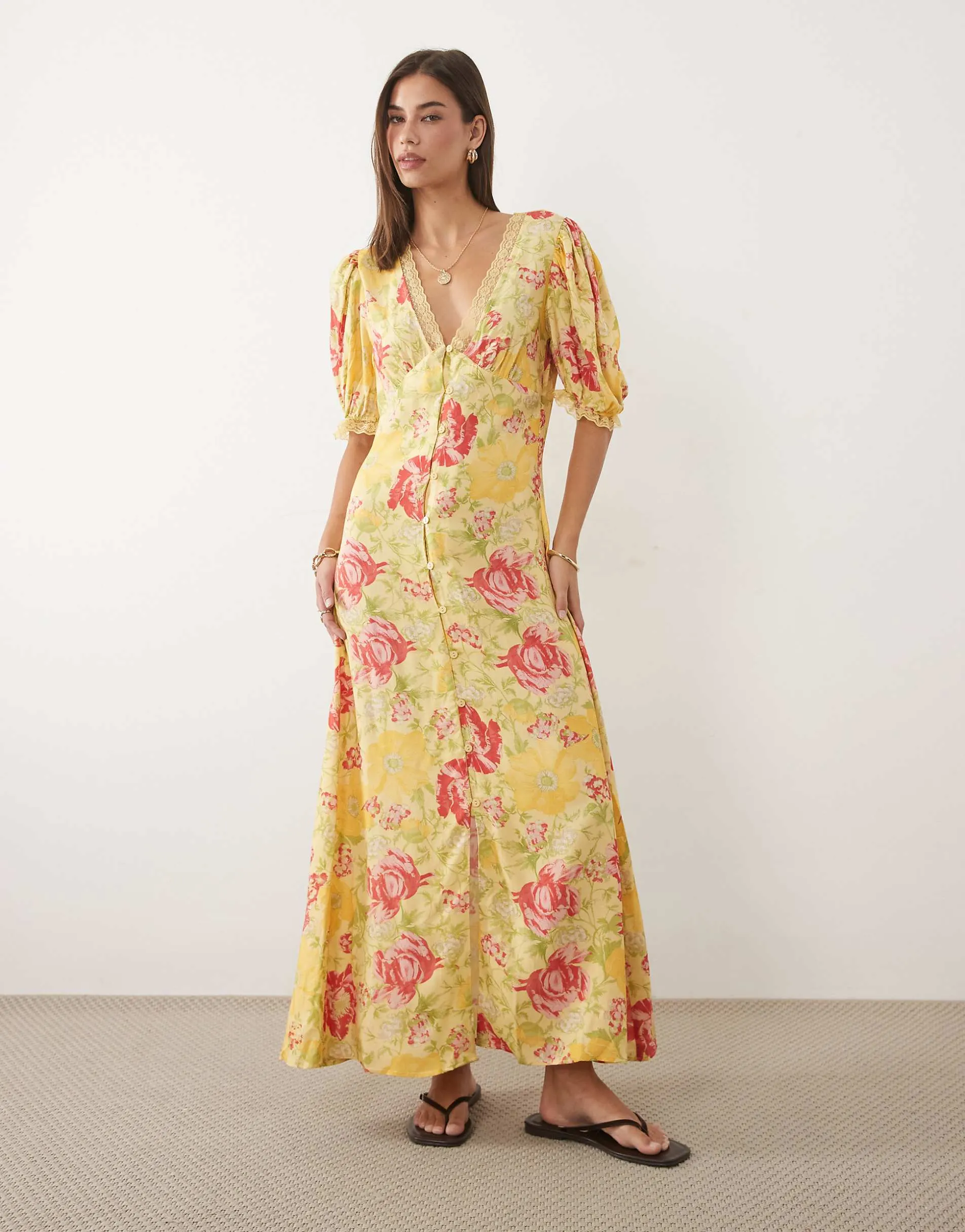 Miss Selfridge lace trim button through maxi dress in summer floral