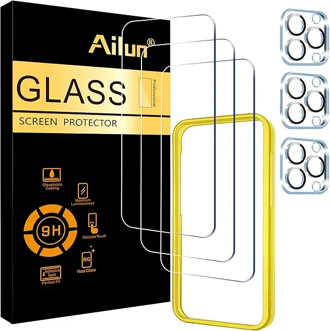 Ailun 3 Pack Screen Protector for iPhone 15 Pro [6.1 inch] + 3 Pack Camera Lens Protector with Installation Frame,Case Friendly Tempered Glass Film,[9H Hardness] - HD