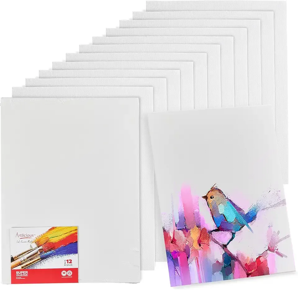Artlicious Canvases for Painting - Pack of 12, 12 x 16 Inch Blank White Canvas Boards - 100% Cotton Art Panels for Oil, Acrylic & Watercolor Paint