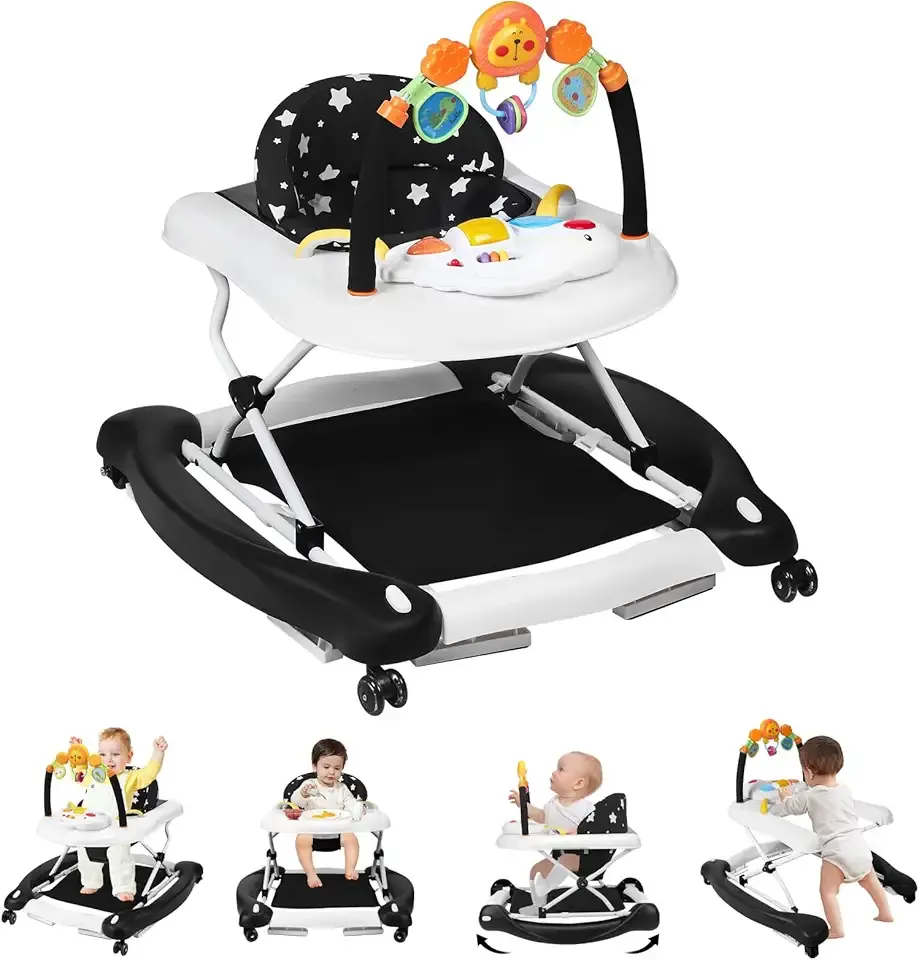 Baby Walker, 5 in 1 Baby Walkers for Boys Girls 6-12 Months, Foldable Walkers for Babies with Bouncer & Feeding Tray, Music, Adjustable Heights, Activity Walker for Infant