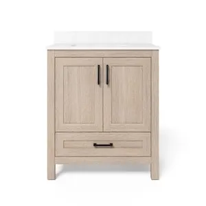 Home Decorators Collection Ellia 30-inch W x 20-inch D 2-Door & 1-Drawer Oak Wood Bathroom Vanity Single Undermount Sink with Engineered Carrera White Stone Top