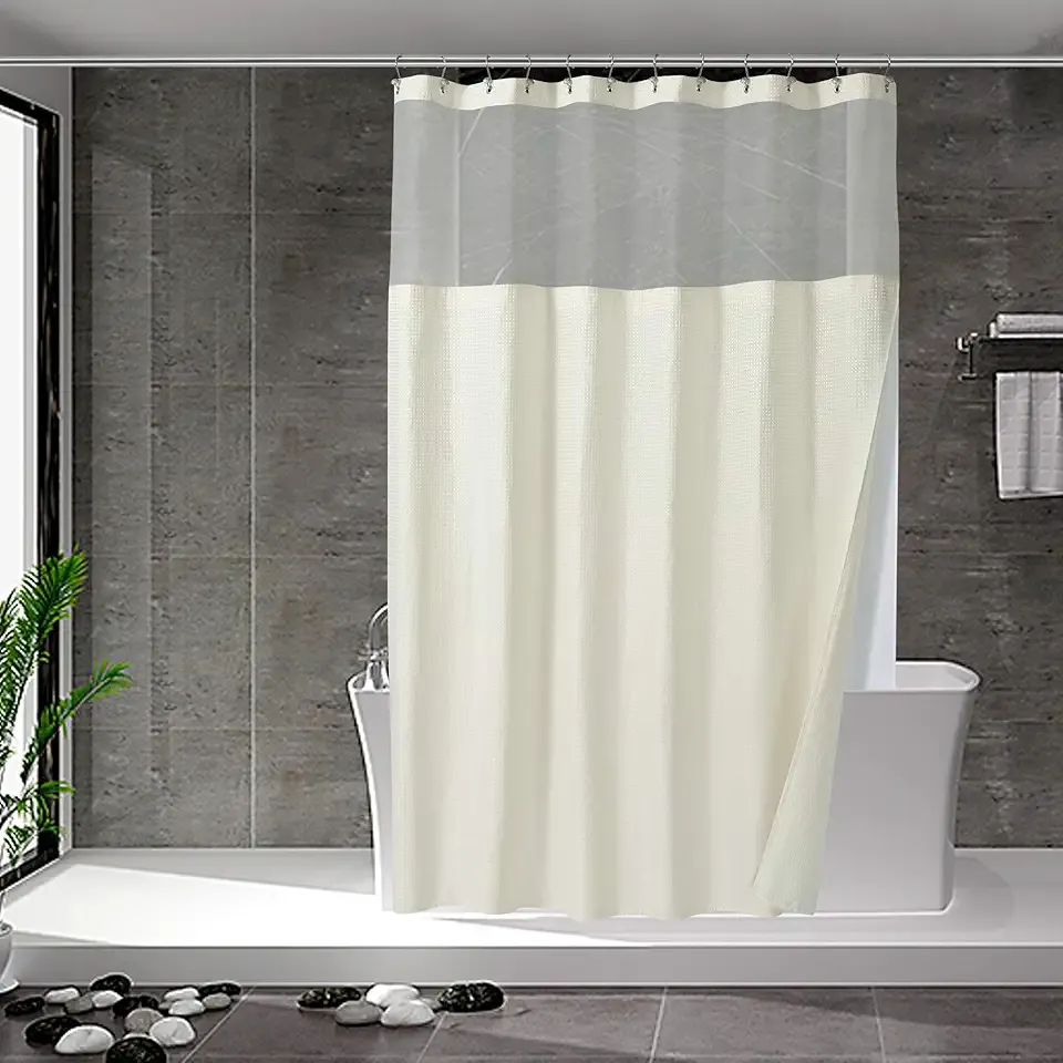 N&Y HOME Waffle Weave Shower Curtain with Snap-in Fabric Liner & Hooks Set - Hotel Style Cream Shower Curtain for Bathroom, Water-Repellent & Washable, Mesh Top Window - 71x72, Cream