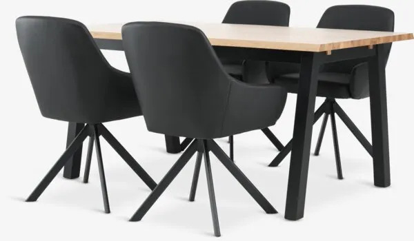SKOVLUNDE + ROSTRUP SKOVLUNDE L160 tafel naturel eik + 4 ROSTRUP stoelen zwart