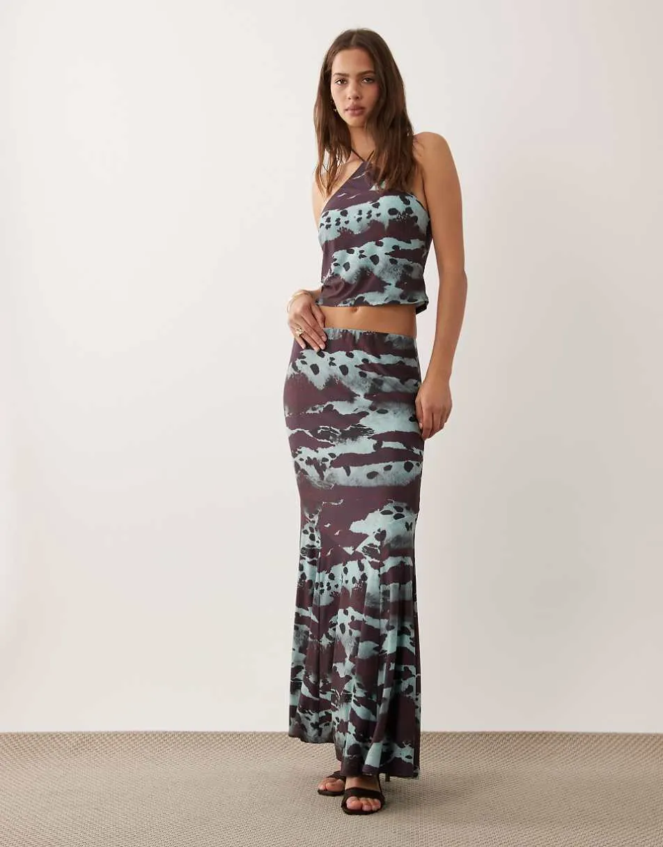 ASOS DESIGN co-ord slinky fishtail maxi skirt in abstract print