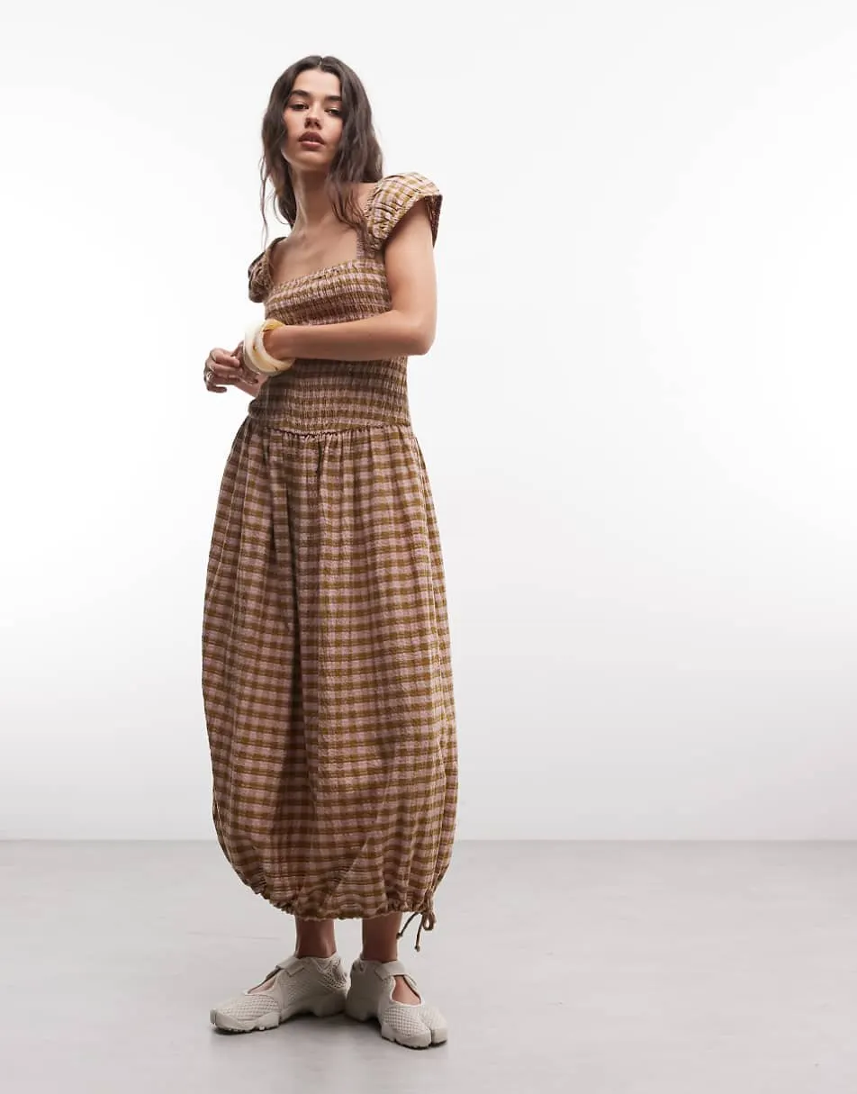 COLLUSION shirred cap sleeve midi dress in textured green check