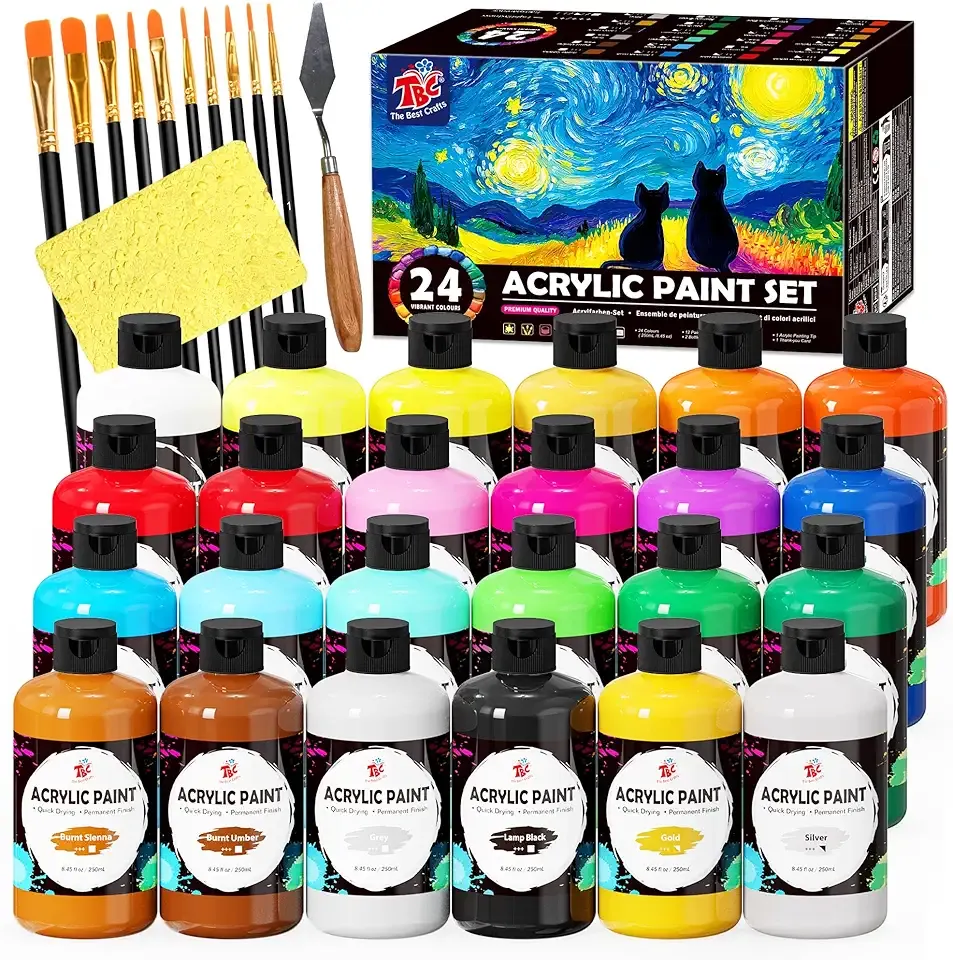 TBC The Best Crafts 24 Colors Acrylic Paint Set, 250ml (8.45oz) Each, Non-Toxic, Includes 10 Professional Brushes + Sponge + Painting Knife, for Canvas Wood Ceramic Rock Painting & DIY Crafts for Adults Artists
