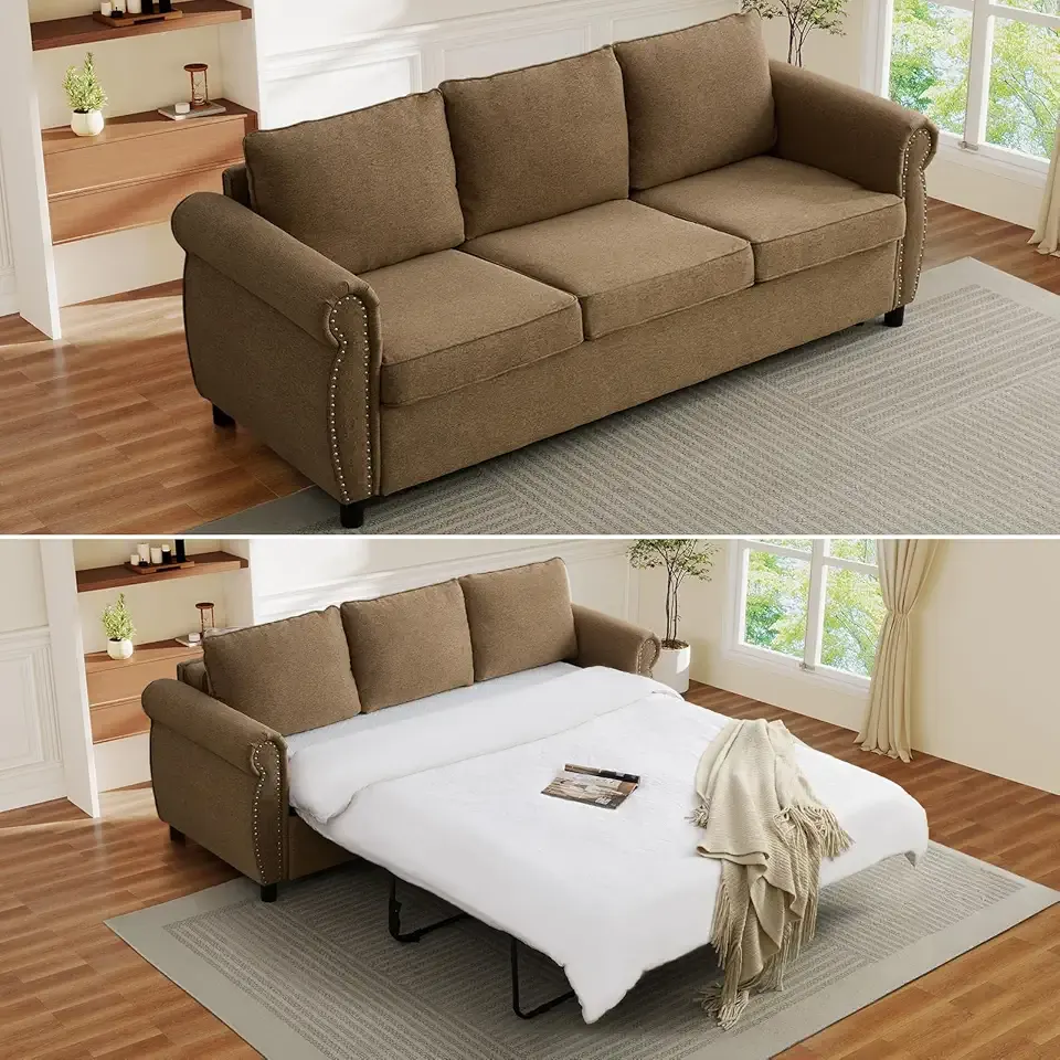 Queen Pull Out Sofa Bed, 2-In-1 Pull Out Couch Bed with Memory Foam Mattress & Riveted Rolled Armrests, 3 Seater Convertible Sleeper Sofa, Foldable Couch for Living Room, Bedroom, Apartment(Brown)