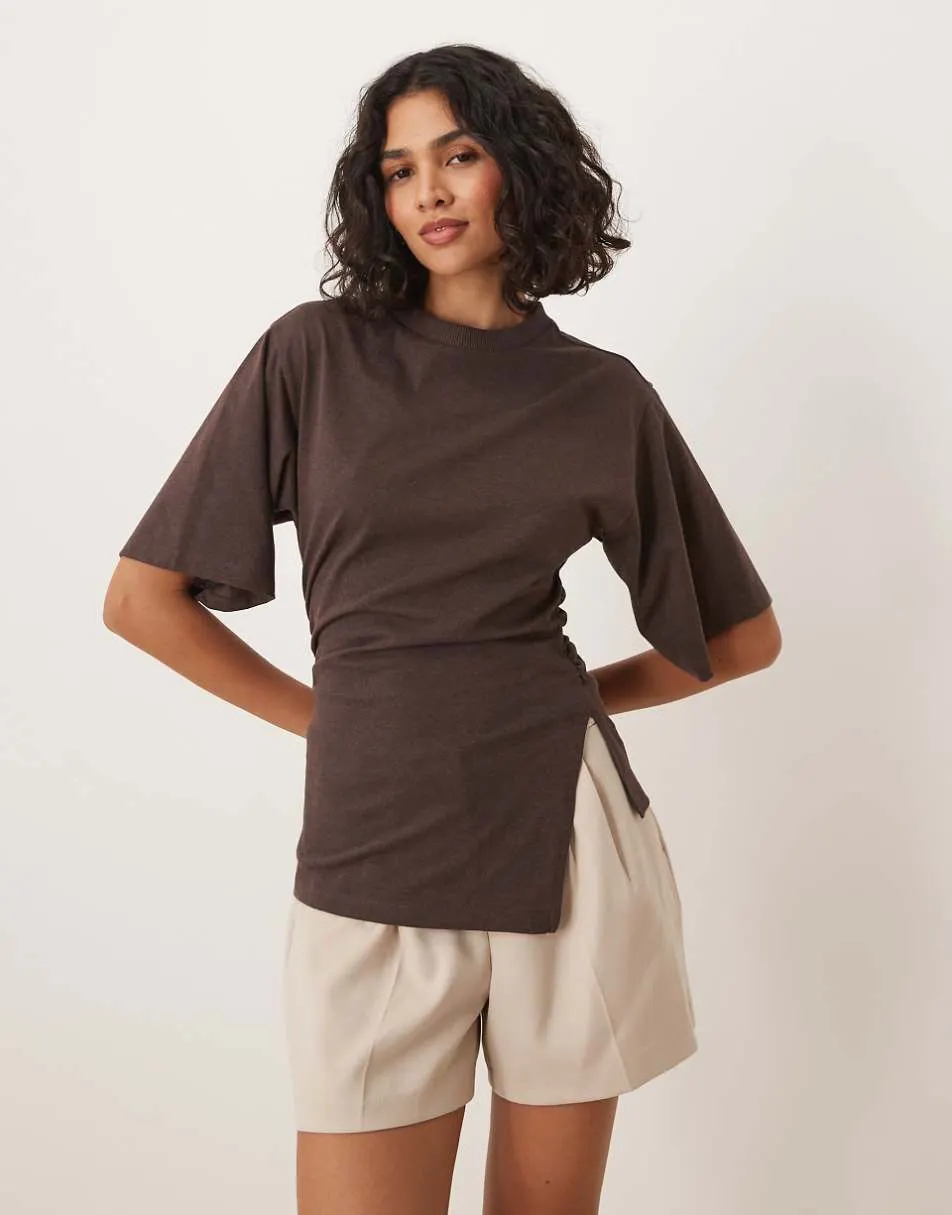 ASOS DESIGN cinched side t-shirt in brown