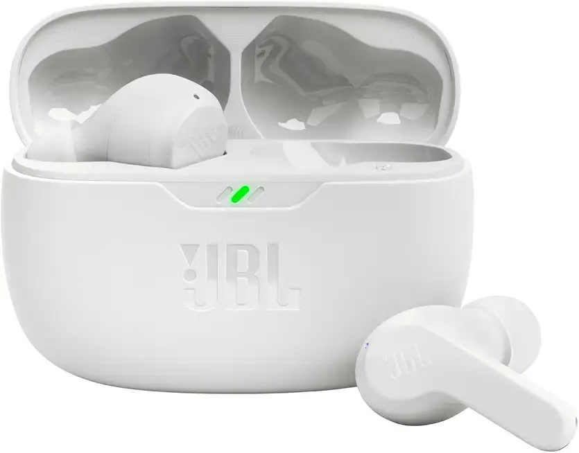 JBL Vibe Beam - True Wireless JBL Deep Bass Sound Earbuds, Bluetooth 5.2, Water & Dust Resistant, Hands-free call with VoiceAware, Up to 32 hours of battery life (White)