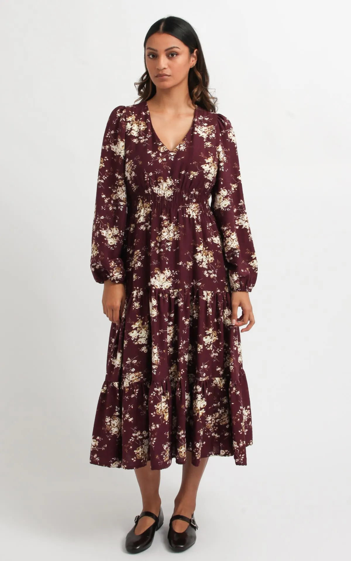 Voile V Neck LS Midi Dress