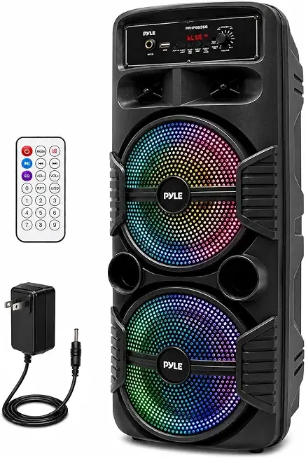 Portable Bluetooth PA Speaker System - 600W Rechargeable Outdoor Bluetooth Speaker Portable PA System w/Dual 8” Subwoofer 1” Tweeter, Microphone in, Party Lights, USB, Radio, Remote - Pyle PPHP2835B
