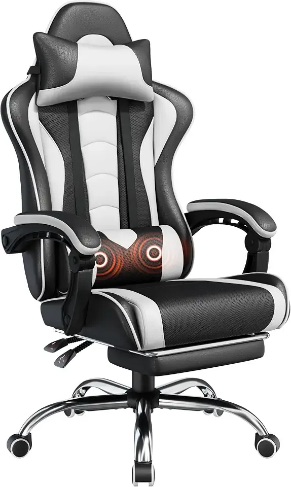 Yaheetech Gaming Chair with Footrest Massage Lumbar Pillow Black and White | Foam-padded PU leather racing seat and plush headrest recline with a slide-out footrest; metal frame supports up to 300 lb.