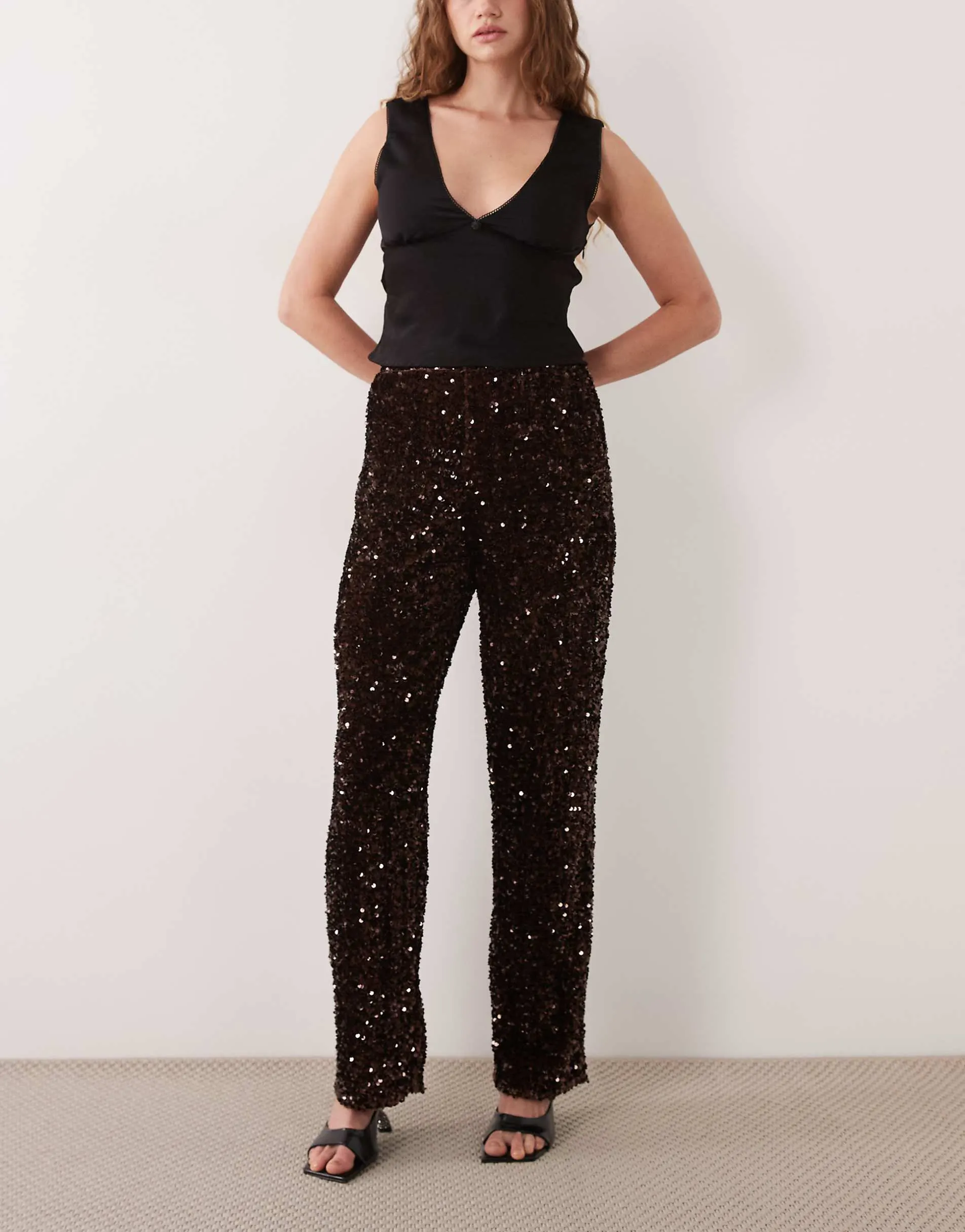 Pieces wide leg velour sequin trousers in chocolate brown