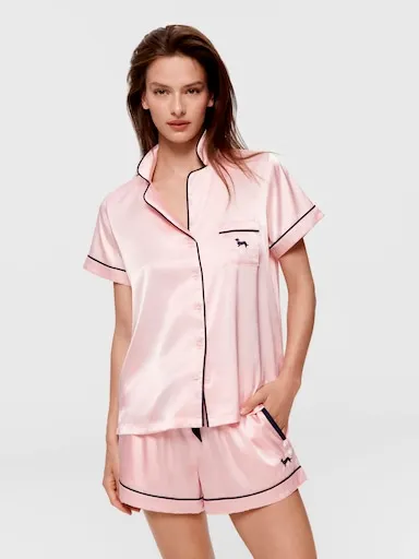 Candy Pink Chic Satin Short Sleeve Shirt