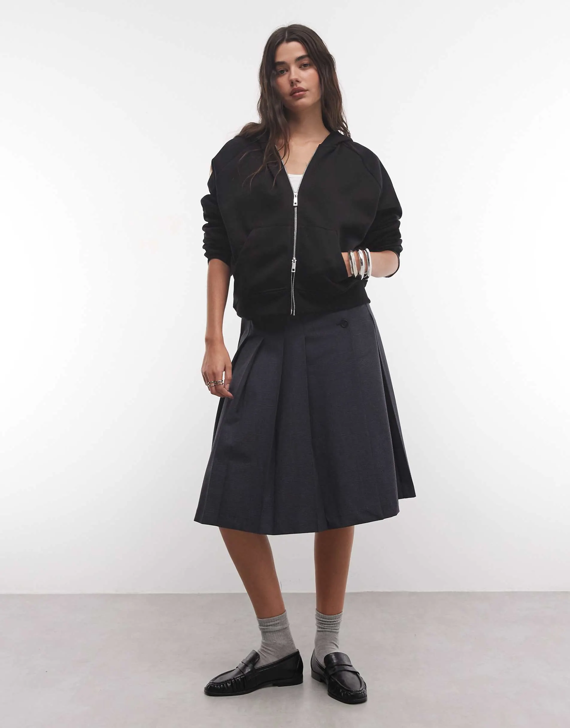 Weekday pleated midi skirt with side zip in black