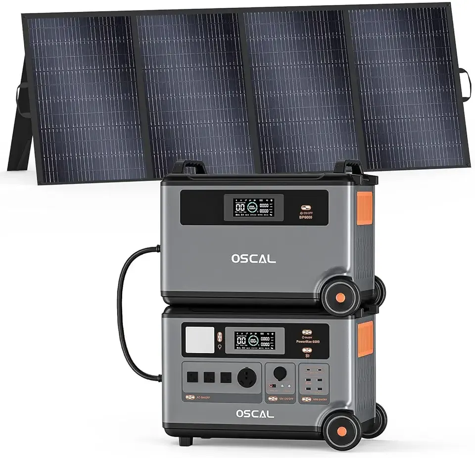 Oscal 6000W Portable Power Station with 400w Solar Panel, 3600Wh LiFePO4 Battery+3600Wh Battery Packs, 120V/240V Dual Voltage, 1.2h Fast Charing, Electric Solar Generator for Emergency Power Outages