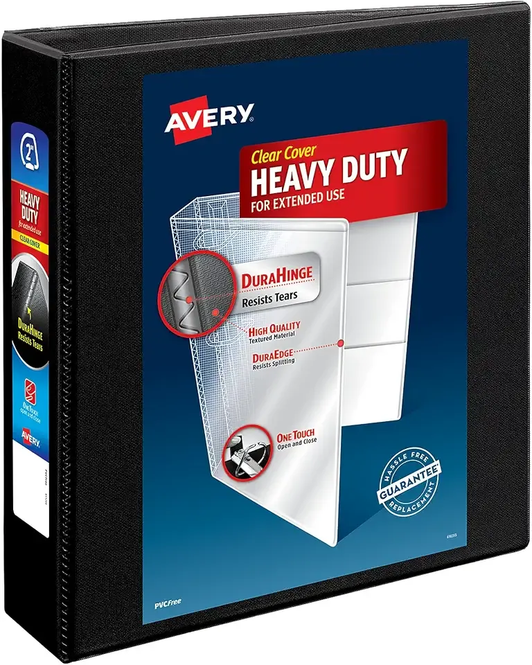 Avery® Heavy-Duty View 3 Ring Binder, 2" Slant Rings, 1 Black Binder | For Heavy School, Home and Office Use, DuraHinge Tear-Resistant Spine, DuraEdge Split-Resistant Edges, Clear View Covers