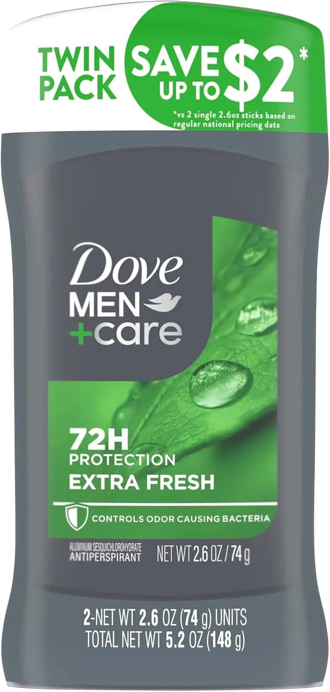 Dove Men+Care Extra Fresh Men's Antiperspirant Deodorant Stick Extra Fresh Twin pack With 72-hour sweat & odor protection with 1/4 Moisturizing Cream & Long-lasting Citrus Scent 2.7 oz