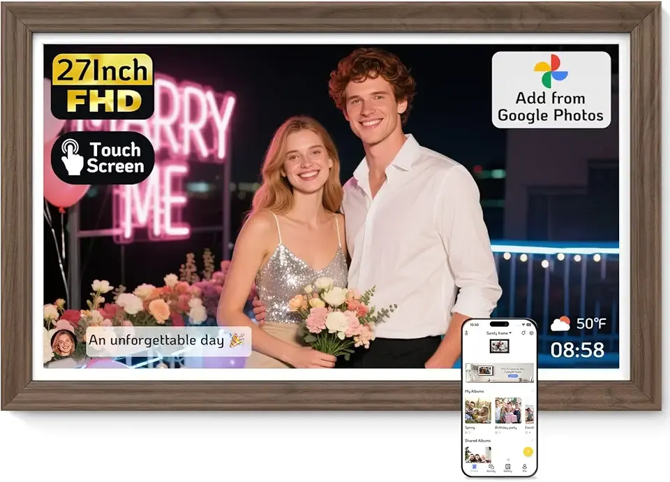 NexFoto Large Digital Picture Frame 27'' Touchscreen, WiFi Electronic Photo Frame 64GB 1920 * 1080 - Add Photos from Google Photos, Upload Videos, for Christmas/Housewarming/Mom/Birthday, Walnut