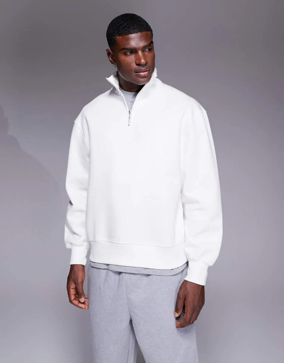 ASOS DESIGN premium heavyweight oversized quarter zip 400gsm in off white