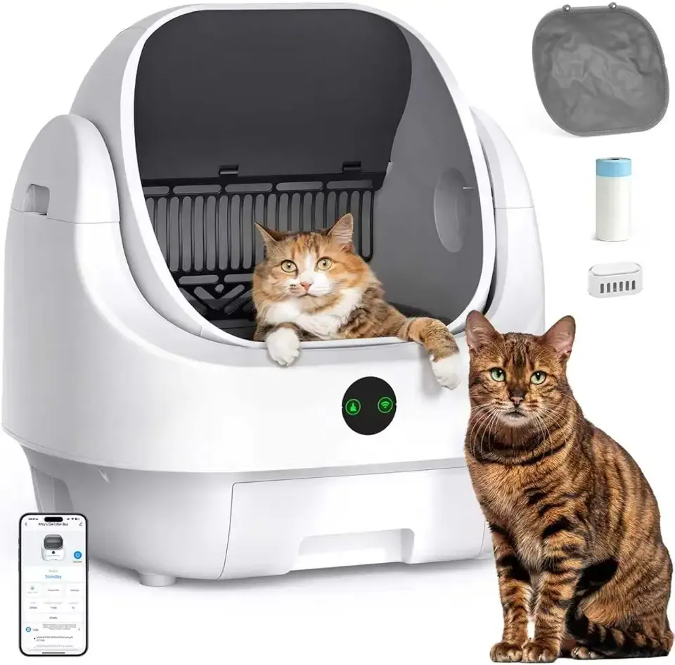 Open-Top Automatic Litter Box, Odor Control, Ready to Use, Self Cleaning Litter Box, Large Capacity with APP Control and Safety Sensor, Ellenpent, with Trash Bags/Waterproof Mat/Litter Mat