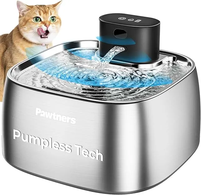 Pumpless Cat Water Fountain Stainless Steel, Automatic Cordless Cats and Dogs Water Dispenser 108oz/3.2L, Pawtners Battery Operated Pet Fountain with Sma…