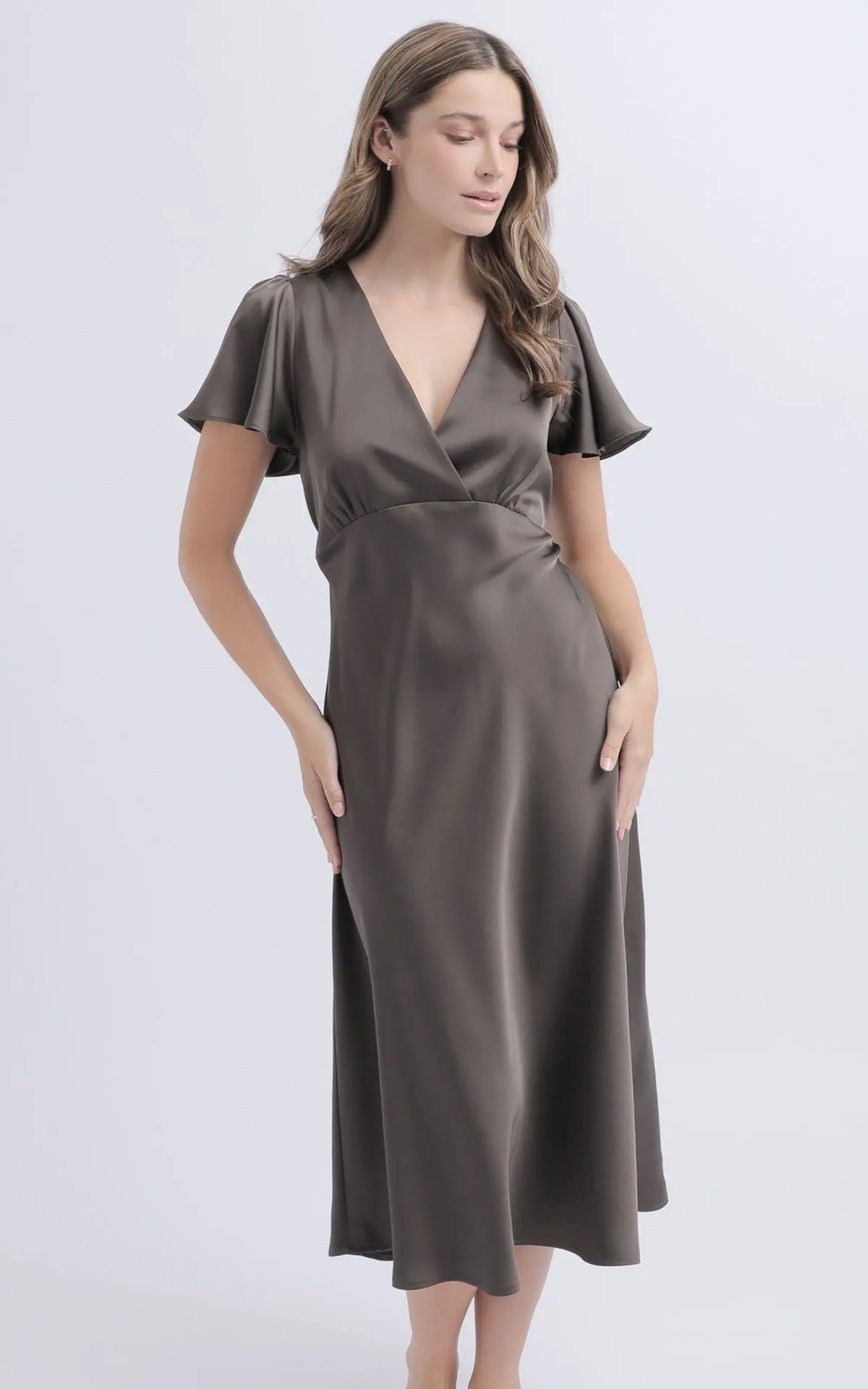 Satin Flutter Sleeve Midi Dress