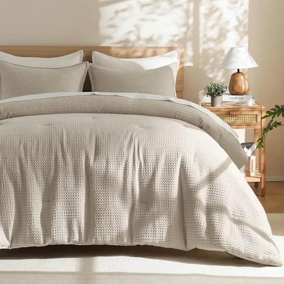 PHF Soft Waffle Comforter Set King Size- Comfy Breathable Waffle Weave Comforter with 2 Pillow Shams, 3 Pieces Less Snagging Lightweight Textured Bedding Set for All Season, Natural/Linen
