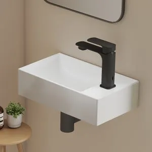 EMKE Lavabo de pared rectangular de cerámica 38x22x10 cm, orificio para grifo a la derecha, blanco brillante