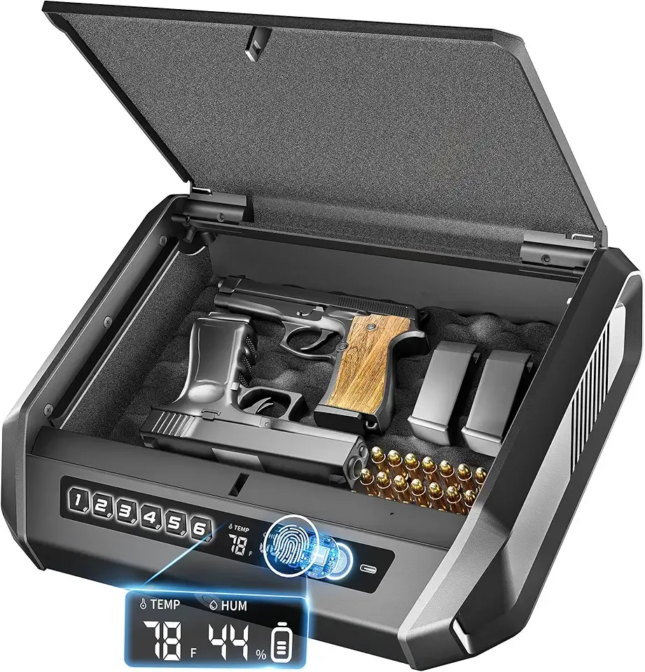 Gun Safe with LCD Display, ≤0.1s Quick Access Handgun Safe for 2-4 Pistols, Hand Gun Lock Box with Fingerprint | Keypad | and Keys for Home Drawer Bedside Nightstand TOPMEDA
