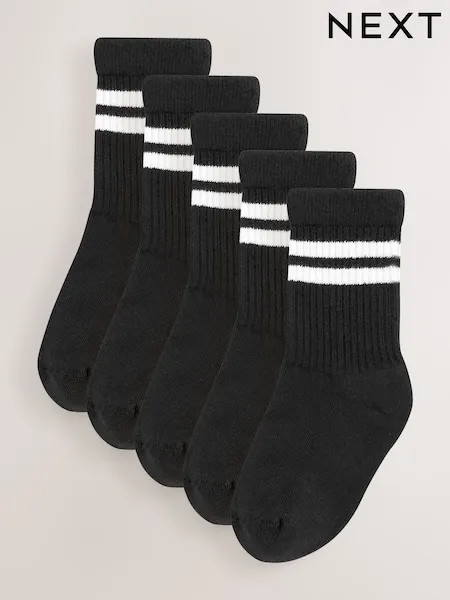 Black Cushioned Footbed Cotton Rich Ribbed Tipped Socks 5 Pack