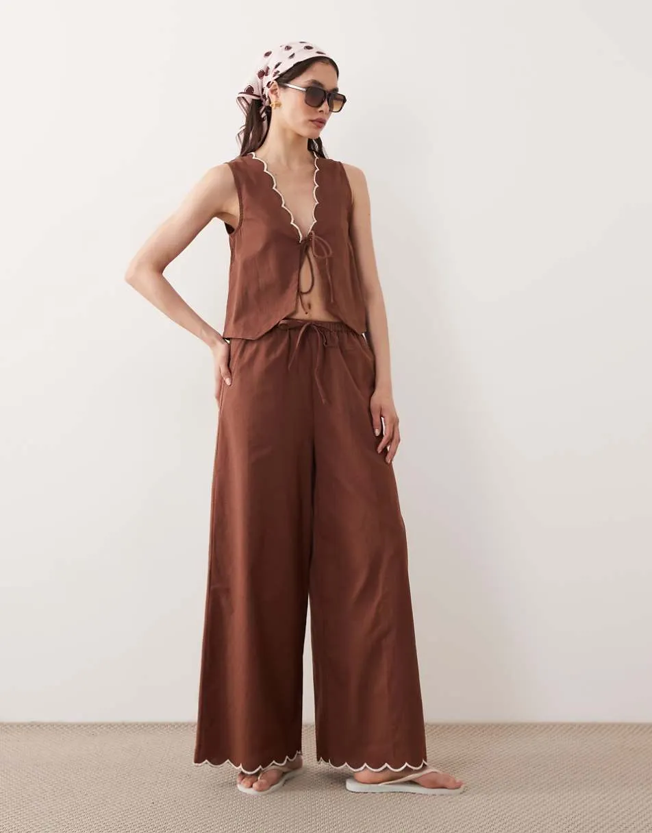 Esmee tie front beach trouser co-ord with cream scallop trim in brown