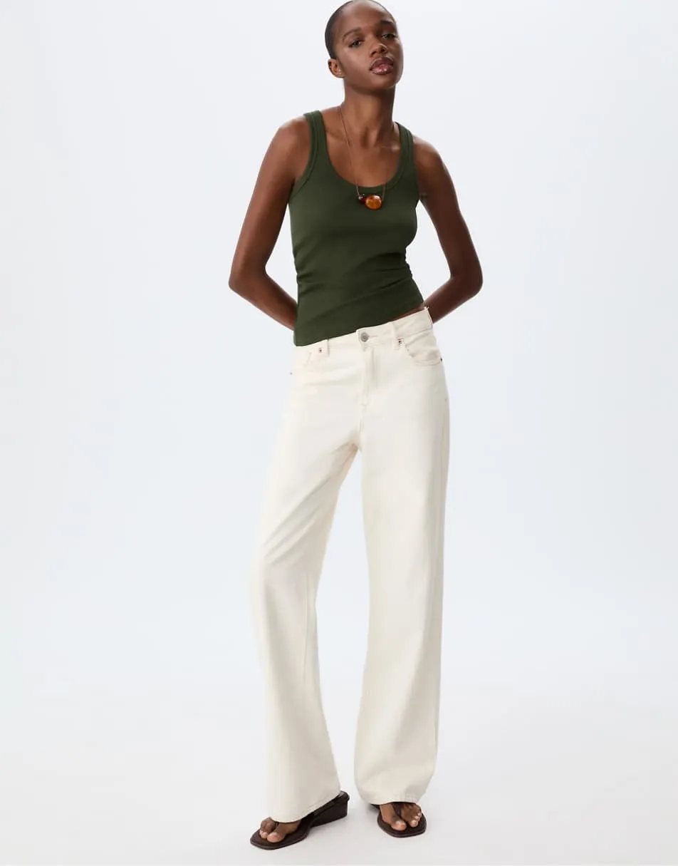 Stradivarius Petite d92 straight wide jeans in vanilla