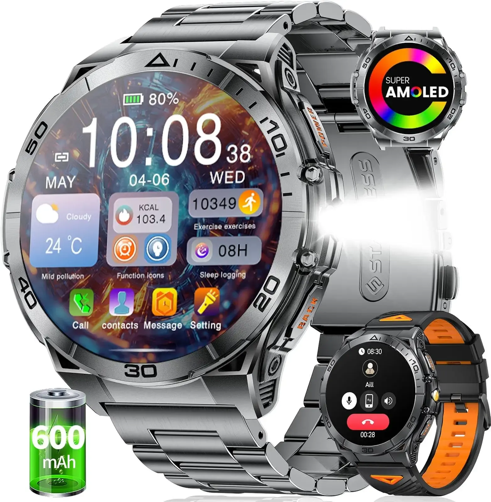 SUNKTA Military Smart Watch for Men,1.6" AMOLED Screen/600mAh Battery/5ATM Waterproof Smartwatches (Answer/Dial Calls) Fitness Tracker with Sleep Tracking/Heart Rate for Android iOS