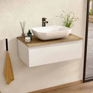 BELLOBATH - Mueble Baño Suspendido con Lavabo de Cerámica, Mueble Baño con 1 Cajón, 60 x 27 x 46 cm, Mueble Blanco y Tapa Roble