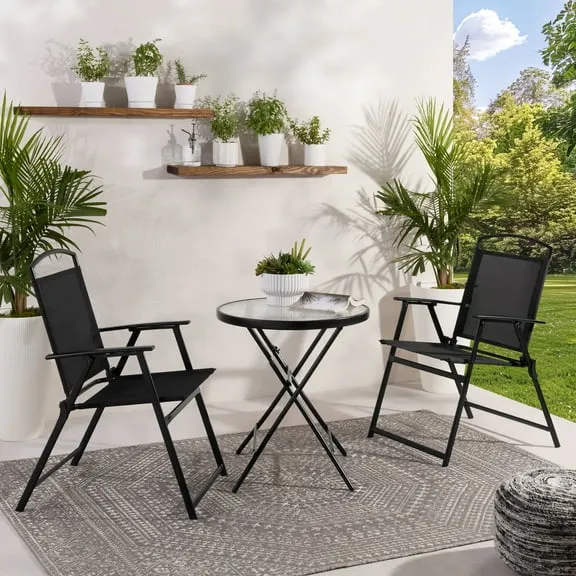 Rollback Mainstays Albany Lane 3-Piece Outdoor Bistro Set, Folding Chairs & Glass Table, Black $67.00 Was $78.00