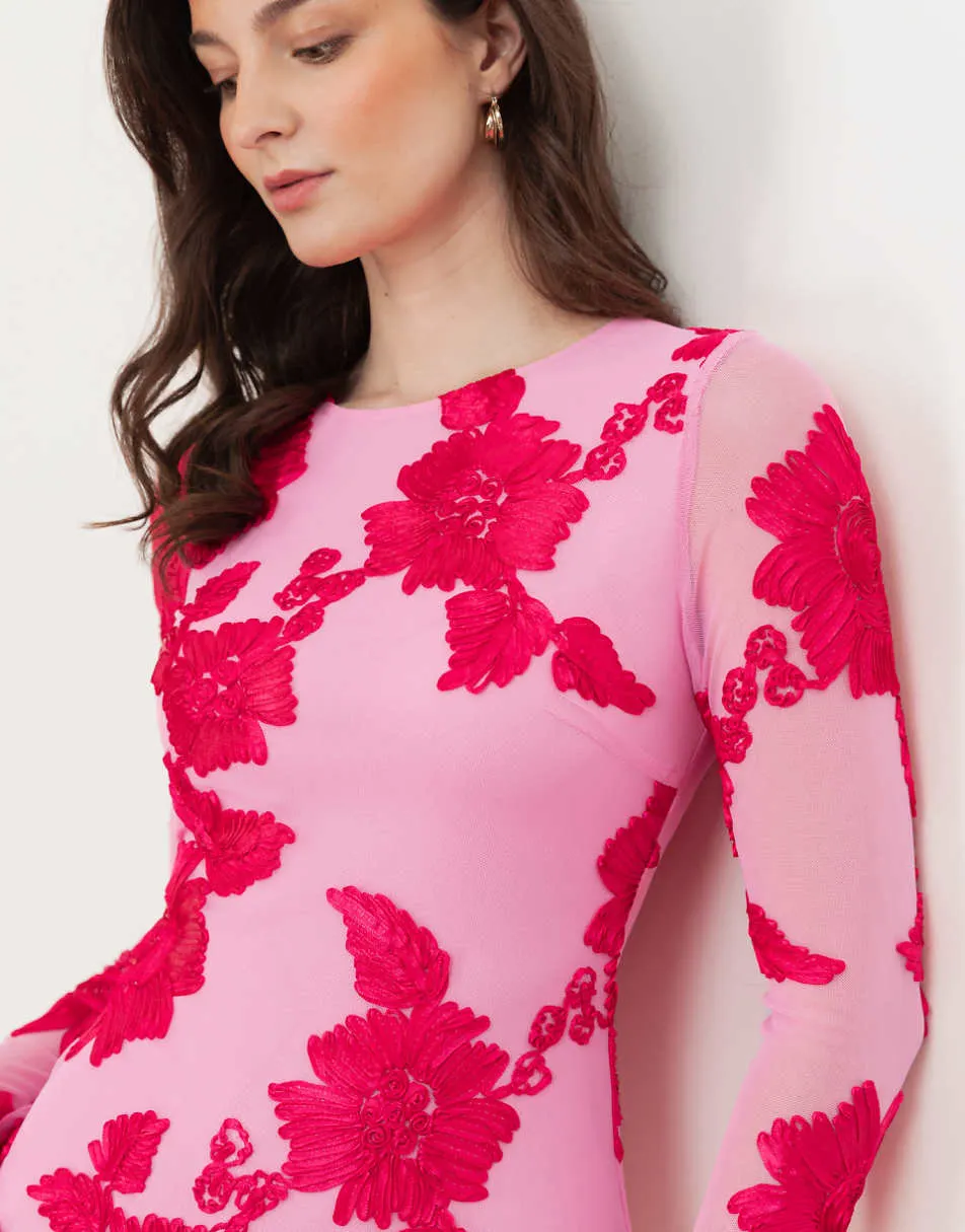 Maya Floral applique long sleeve mesh maxi dress in hot pink