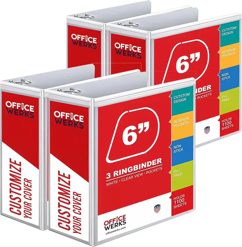 4 Pack of 6 Inch 3 Ring Binder with Locking Angle D Rings, Professional Heavy Duty Large Storage Binder with Pockets, Fits 8.5 x 11 Inch Sheets, Non-Stick Clear View Cover, Customizable, White