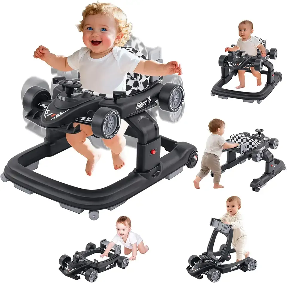 Baby Walker, Baby Walker with Wheels, 3 Adjustable Heights Reinforced Frame 4 Modes Push Walker & Jumper, Music Lights Anti-Rollover Speed Height Adjustment Toddler Activity Walker for 6-18 Months Old