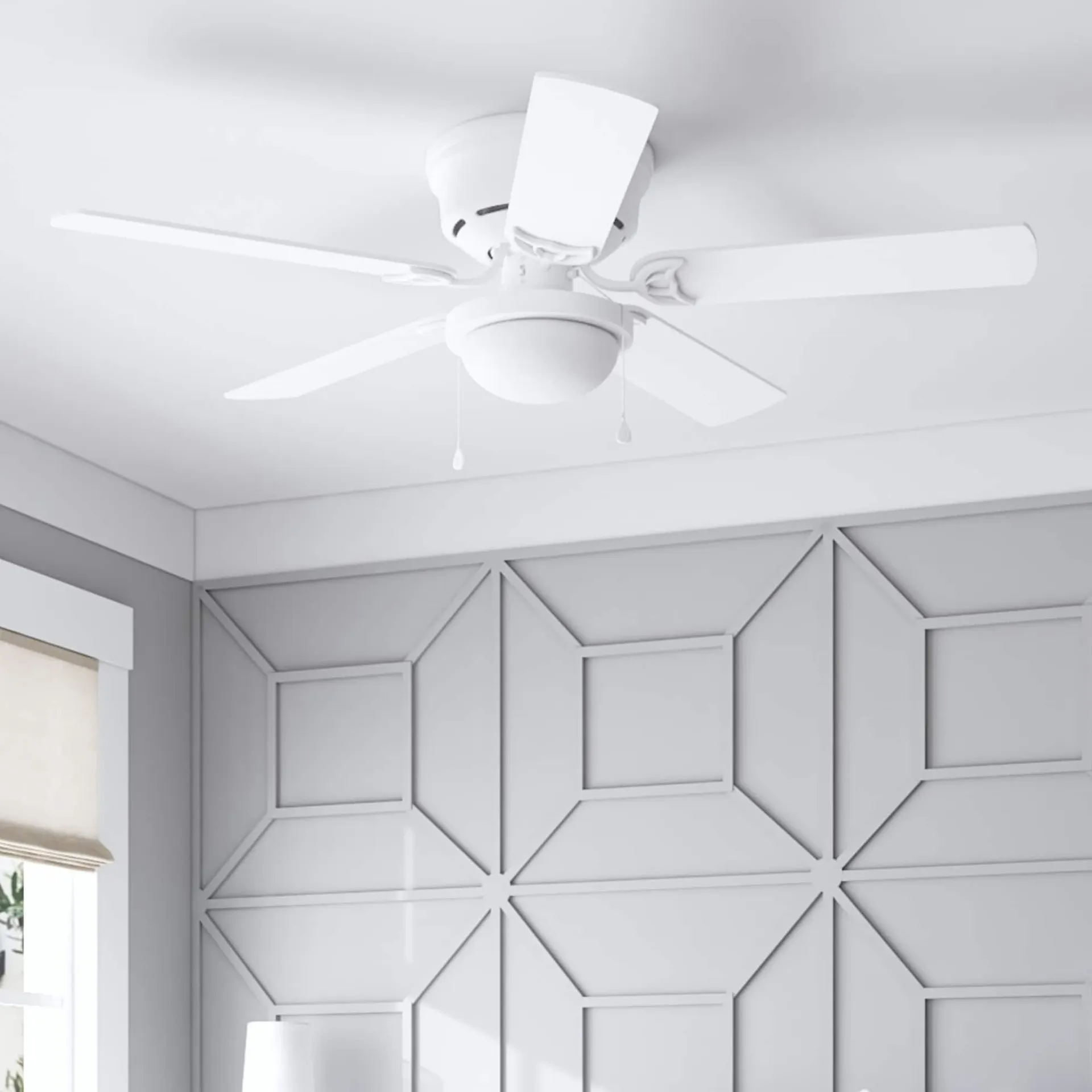 Armitage 52-in White with White/washed oak Blades Flush Mount Ceiling Fan With Light and Pull Chain Included 5 -Blade