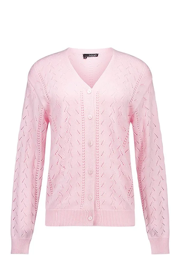 Roze gebreid vest met opengewerkt patroon