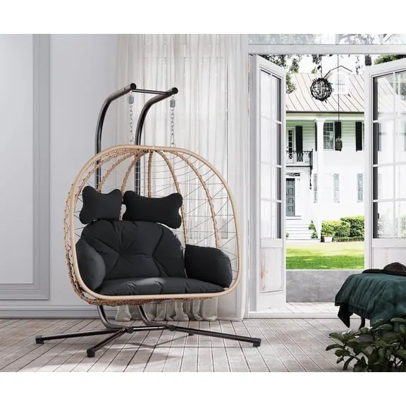 Best seller LHBcraft Double Wicker Swing Egg Chair Hammock Foldable Hanging Loveseat with Stand, UV Resistant Removable Cushions, 700LBS Capacity for Bedroom, Balcony (Yellow and Black) $189.99