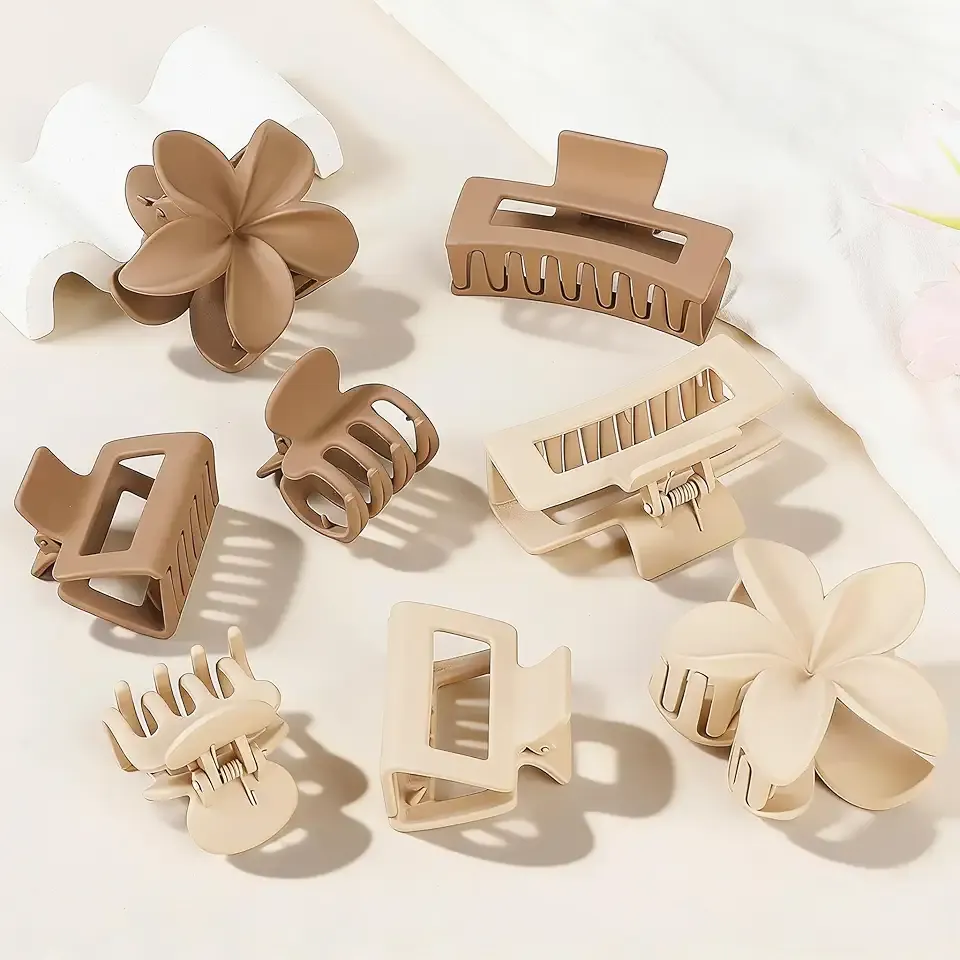 8 Pcs Neutral Matte Hair Claw Clips Set, Strong Hold Non-Slip Jaw Clips for Women Girls, Rectangle & Flower Design Hair Clips for Thick/Thin Hair, Daily & Styling Accessories(White)