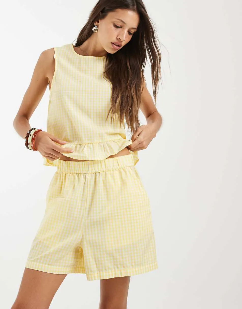 Pieces high waisted shorts co-ord in yellow and white gingham