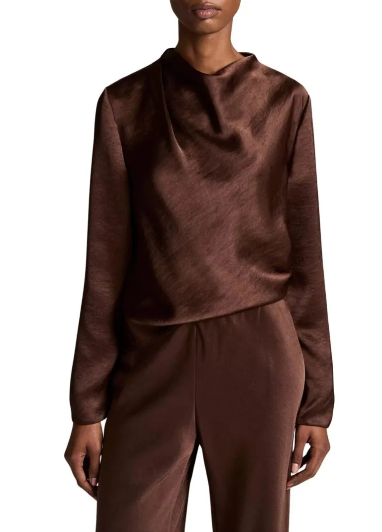 Satin Draped Cowl-Neck Long-Sleeve Top - Brun